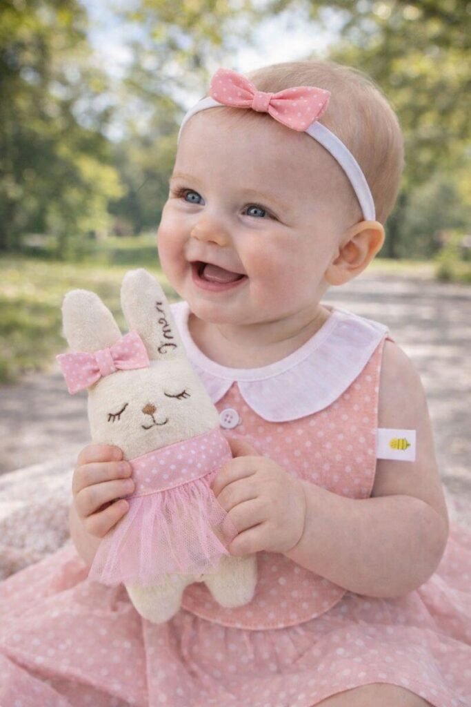 bebé a brincar com chocalho artesanal coelhinho e fitinha de cabelo Just Bee a Kid